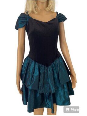 Vintage 80s 90s Off Shoulder Velvet Taffeta Ruffle Dress